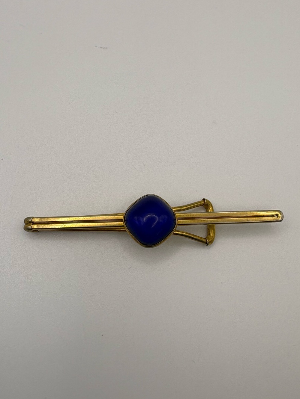 (270)Vintage Gold-Tone Tie Bar with Deep Blue Enamel Accent
